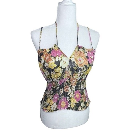 Mystree Tops - Mystree Floral Smocked Halter‎ Top Romantic Summer Cami Pink Yellow Black